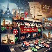 A collage-style image with a central slot machine displaying "UK Accepted Casino Games" on its screen.
