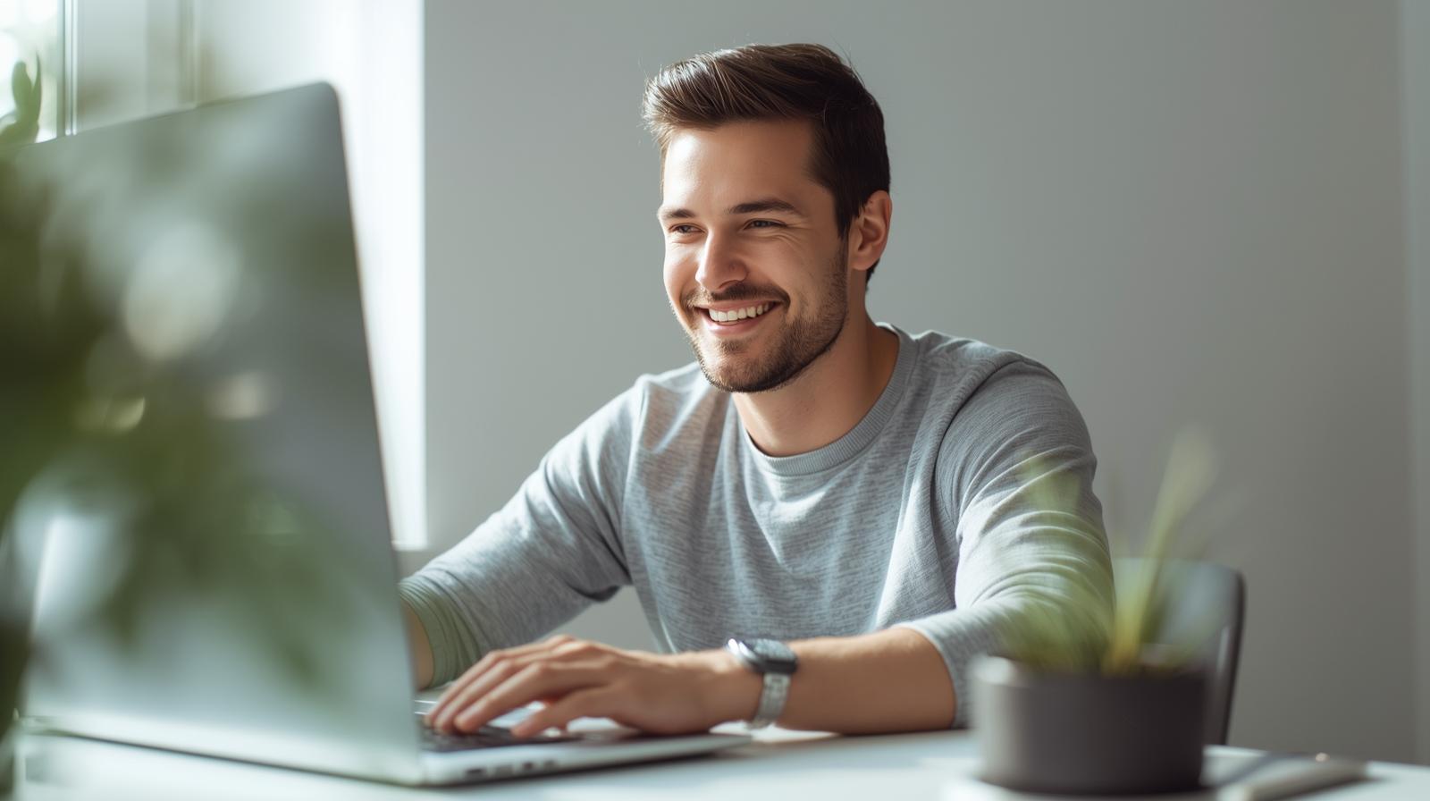 Man smiling while using laptop, enjoying demo casino game in bright room.