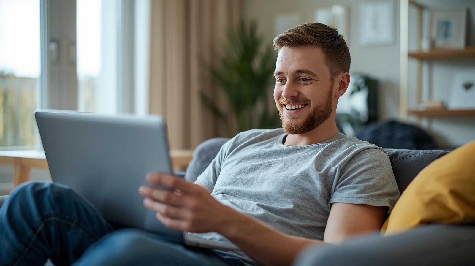 A relaxed individual enjoying lawful digital entertainment at home in a bright space.