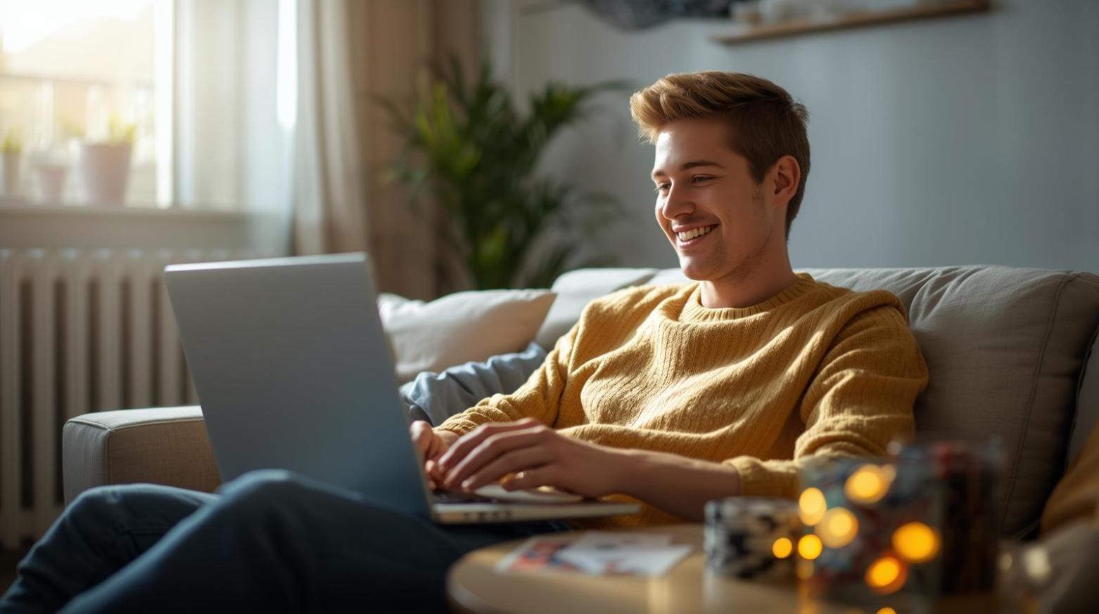 Young adult smiling at laptop in bright room with blurred screen and cards nearby.