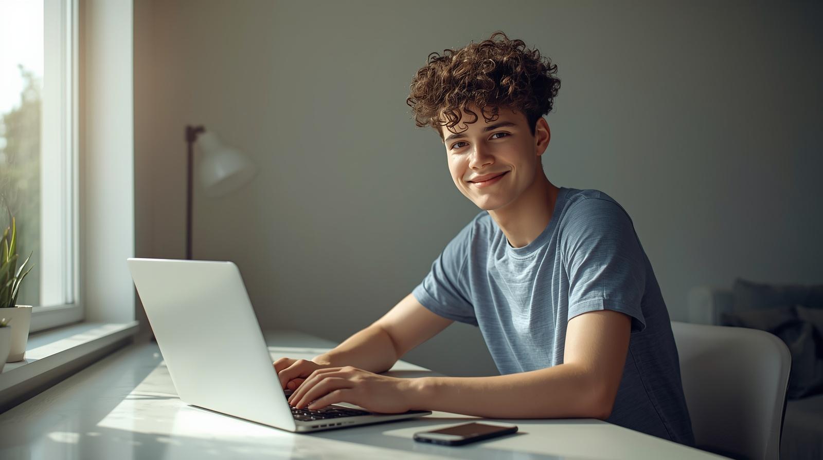 Young man confidently using laptop for safe and regulated online betting experience.