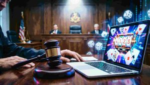 A courtroom scene blended with digital gambling elements