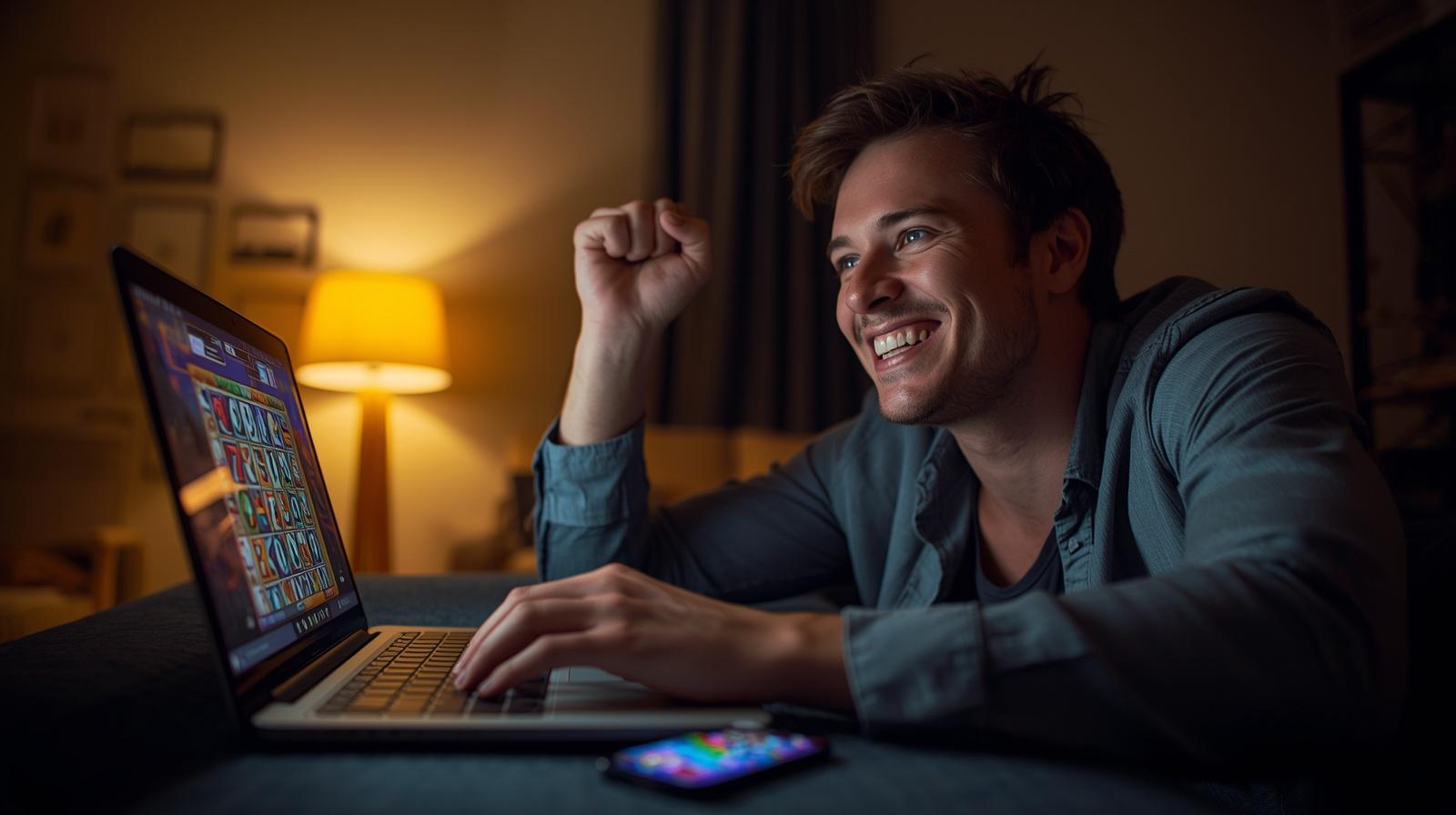 Excited man celebrates online casino victory while playing comfortably at home during nighttime.