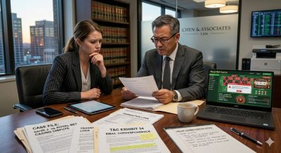 A tense legal consultation scene with a lawyer reviewing documents related to an online casino dispute