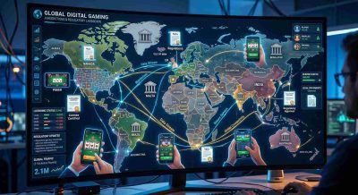 A global digital map showing different jurisdictions with legal documents, courthouse symbols, smartphone gaming interfaces, licensing certificates, and connected online networks.
